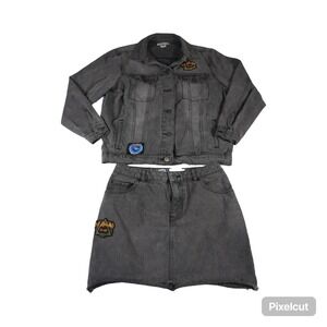 Junk Food Jacket & Skirt Set Womens‎ XS-7 Charcoal Gray Denim Graphic Print
